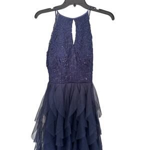 Navy Blue Sequin Glitter Prom Dress High Low Keyhole Front Low Back Size 9